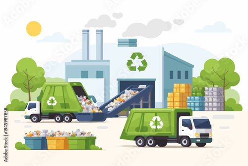 Flat vector illustration of green garbage trucks unloading waste onto a conveyor belt at a modern recycling factory plant for sustainable waste management, environmental care, and sustainability.