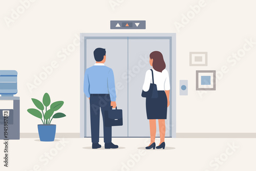 Business man and woman in professional attire waiting for the elevator in a modern office hallway with a water cooler and potted plant, flat vector illustration for corporate workplace concept.