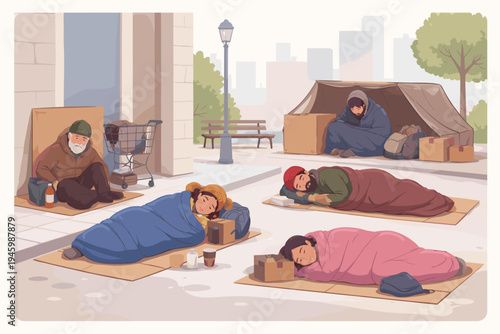 Vector illustration of homeless people sleeping on city sidewalks in sleeping bags and cardboard boxes, depicting urban poverty, social inequality, and the housing crisis in a modern city setting.
