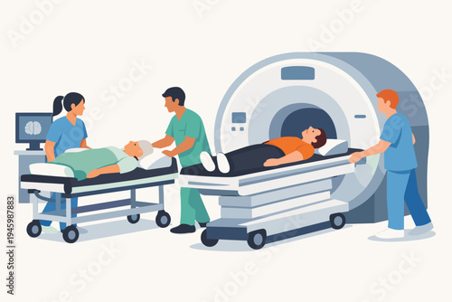 Flat Vector Illustration of Medical Technicians and Nurses Preparing Patients for an MRI Scan in a Modern Hospital Setting, Featuring a Magnetic Resonance Imaging Machine and Brain Diagnostics