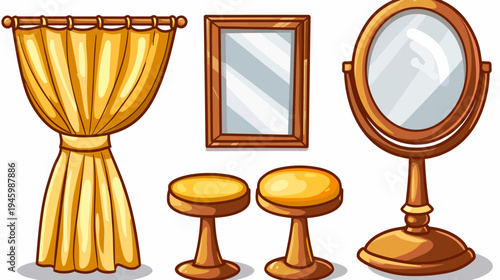 A cartoon-style illustration of golden drapes, a mirror, two stools, and a vanity mirror