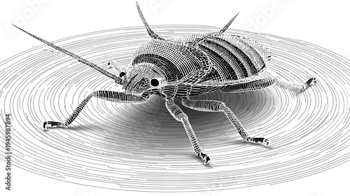 A detailed, stylized, monochrome illustration of an insect with intricate patterns