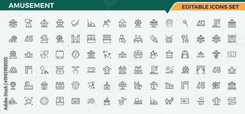 Amusement line icon set. Contains related to entertainment, games, recreation, park, fun and more. Fun icon set in linear style. UI icons set in a thin style. Editable vector art.