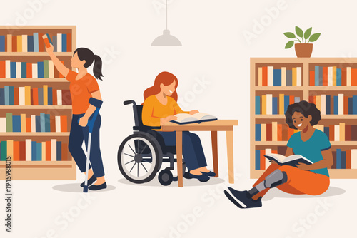 Inclusive Library Scene with Diverse Disabled Women Reading Books; Woman in Wheelchair at Table, Woman with Crutch at Bookshelf, and Woman with Prosthetic Leg on Floor; Flat Vector Illustration