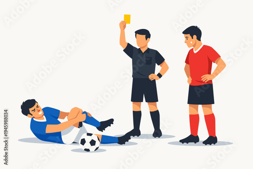 Referee showing yellow card to a soccer player in red after a foul, while an injured opponent in blue lies on the ground clutching his knee during a football match vector flat illustration.
