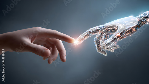 Hand meets Robot Hand: A human hand gently connects with a robotic hand, in a captivating scene of innovation and the potential of artificial intelligence.