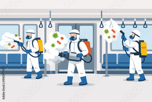 Medical Team in Protective Hazmat Suits Spraying Disinfectant to Kill Viruses and Bacteria Inside an Electric Train Subway Car, Professional Sanitation Crew Cleaning Public Transport for Safety