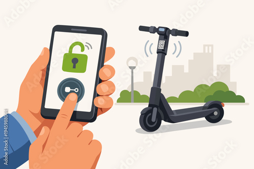 Hands holding a smartphone to unlock an electric scooter via a mobile app for urban rental service. Modern micro-mobility concept featuring QR code scanning, digital payment, and city transport.