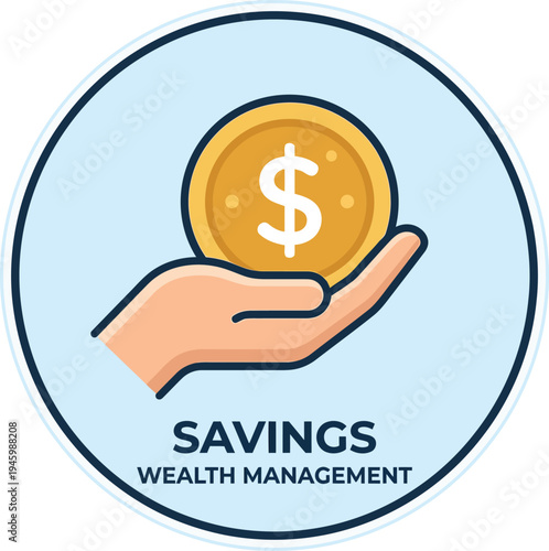 A professional flat vector graphic enclosed in a circle, depicting a human hand presenting or receiving a gold dollar coin, symbolizing income, financial assistance, and successful transactions