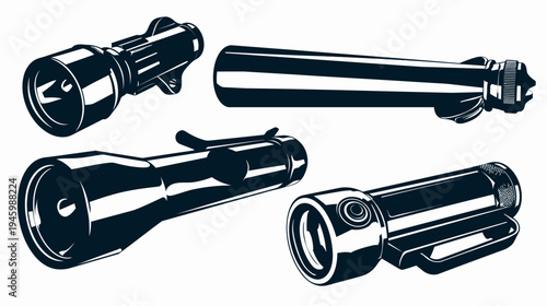 Monochrome illustration of four flashlights in different angles, showcasing their design