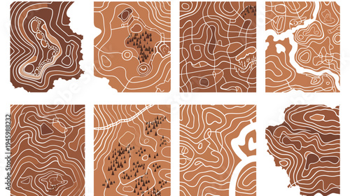 Series of 8 abstract, geometric illustrations with contour lines, shades of brown and white
