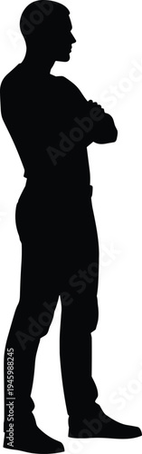Black silhouette of man standing sideways with arm bent white background