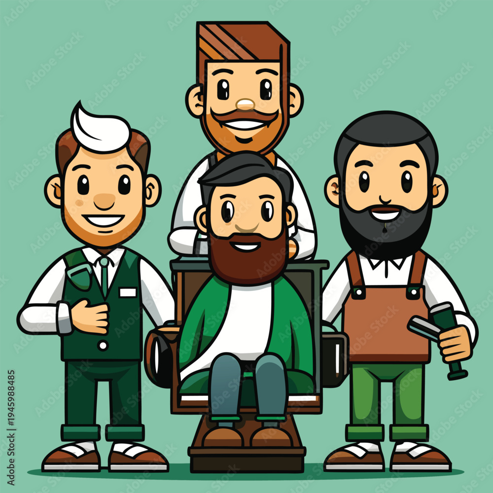 Fototapeta premium Four cartoon barbers standing and sitting in a chair happily smiling