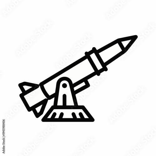 Black and white outline vector icon of a missile launcher with a rocket ready for launch, symbolizing military defense, warfare, or space exploration.