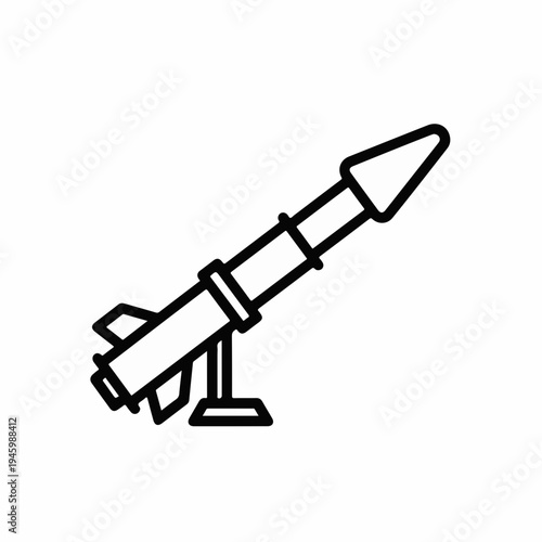 Single black outline rocket icon vector, depicting a missile on a launchpad, ideal for technology, military, or space exploration designs and web elements.