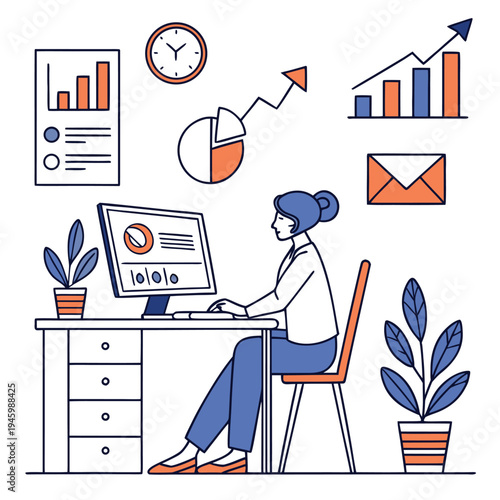 Businesswoman analyzing data on computer with graphs and charts around her