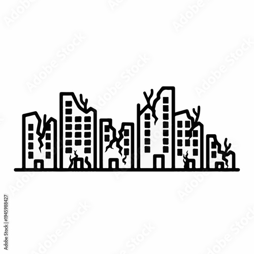 Destroyed City Skyline Vector Icon Set with Collapsed Buildings and Cracks, Representing Disaster, War, or Urban Decay, Isolated on White Background