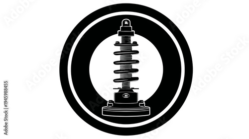A stylized black and white illustration depicts a shock absorber within a double oval frame