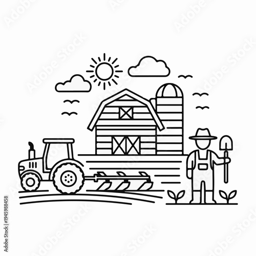 Monoline vector illustration of a farmer with shovel, tractor plowing field, barn, and silo under a sunny sky, depicting agriculture and farming activities.