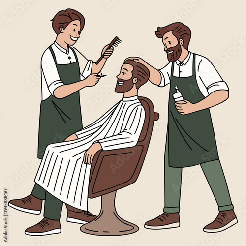 Two barbers in green aprons styling a mans hair in a salon chair