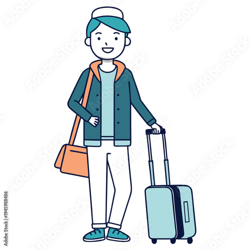 Cartoon traveler with luggage and bag isolated on white background