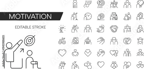 Motivational line icons set, editable stroke vector graphics, personal growth, teamwork, success, goal achievement, leadership, and emotional support symbols collection.