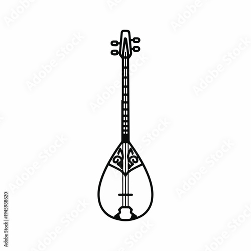 Minimalist black and white outline vector icon of a traditional stringed musical instrument, resembling a saz or bağlama, with decorative details on the body