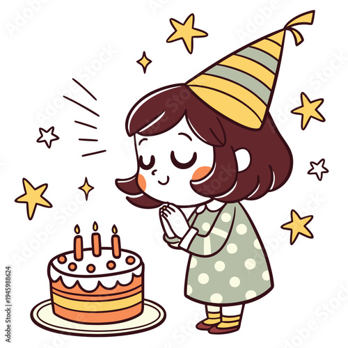 Cartoon girl in party hat making a wish on her birthday with cake and stars