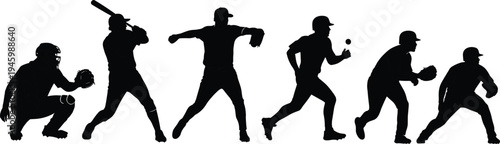 Black silhouettes of baseball players in various action poses on white background sports