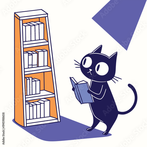 A curious cat reading a book next to a bookshelf with books on it