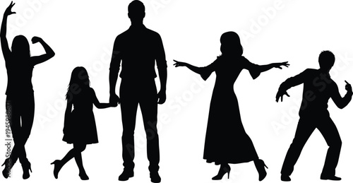 Black silhouettes of five people in various dance poses dancing