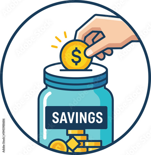 Hand Depositing Gold Coin into Savings Jar Financial Planning Concept Vector