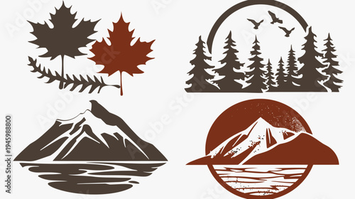 Four nature-themed designs in brown and red leaves, trees, birds, mountain, and lake