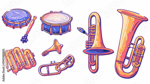 Musical instruments depicted in a pixelated, cartoon style with vibrant color palette