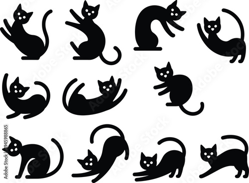 Black cat silhouettes set, cute kitten icons, various feline poses, spooky Halloween pets, playful animal vector collection for domestic life.