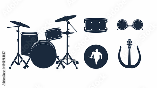 Dark blue silhouetted musical instruments drum set, single drum, glasses, musician, guitar