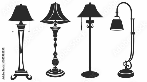 Four elegant floor lamp silhouettes in black, each with a unique design on a white background
