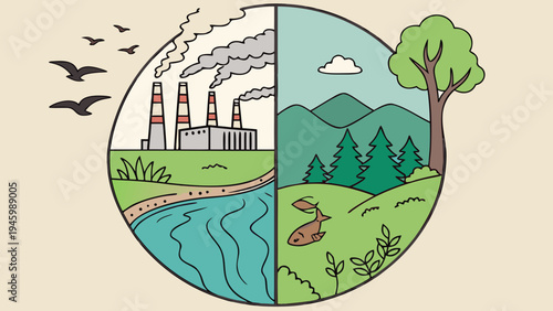 Split earth illustration showing environmental contrast between pollution and nature scenes