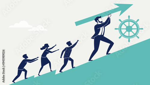 Business people climbing up a hill with arrow and steering wheel, representing teamwork and leadership