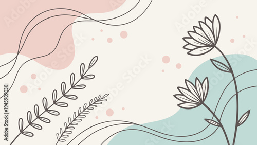 Minimalist line drawing of flowers and leaves on abstract background with soft colors and wavy lines