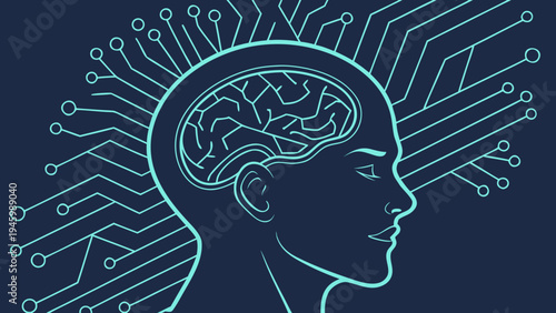 A futuristic illustration of a human head with a circuit board and brain visible