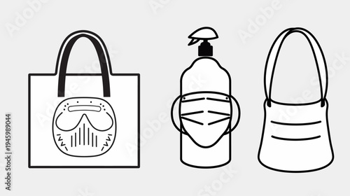 Three icons show a tote, spray bottle with mask, and handbag against a plain background