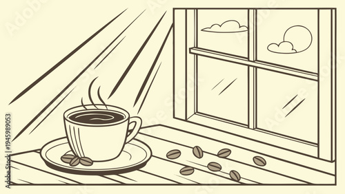 A steaming cup of coffee on a saucer sits on a windowsill with scattered coffee beans looking out at a cloudy sky on a sunny day