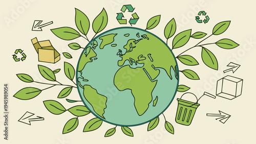 Earth surrounded by green leaves and eco friendly symbols on beige background
