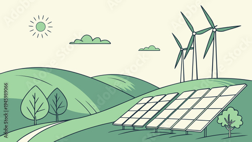 Renewable energy sources with solar panels and wind turbines on green hills with sun and clouds