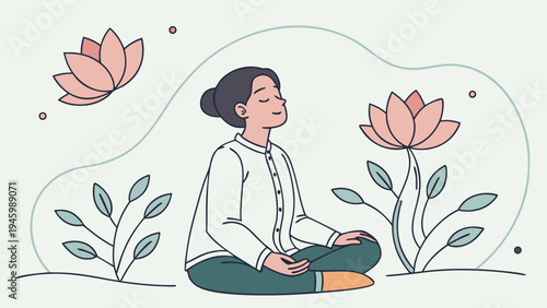 Woman meditating in serene environment with lotus flowers and plants on a light green background