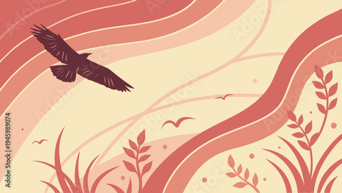 Illustration of a bird flying over wavy lines and plants in shades of red and orange hues