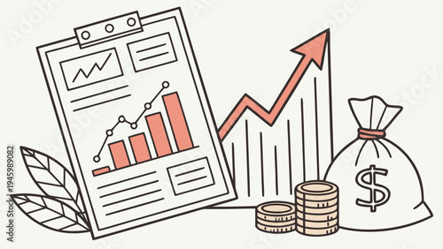 Financial growth concept with clipboard, graph, coins, and money bag on a white surface