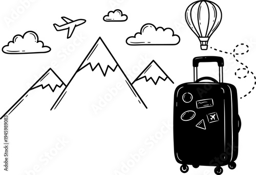 Vector illustration of travel adventure scene with suitcase, airplane, hot air balloon, clouds, and mountain range in black silhouette style