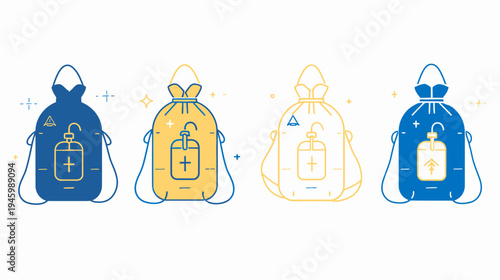 Four stylized blood donation bags with different color schemes on white background